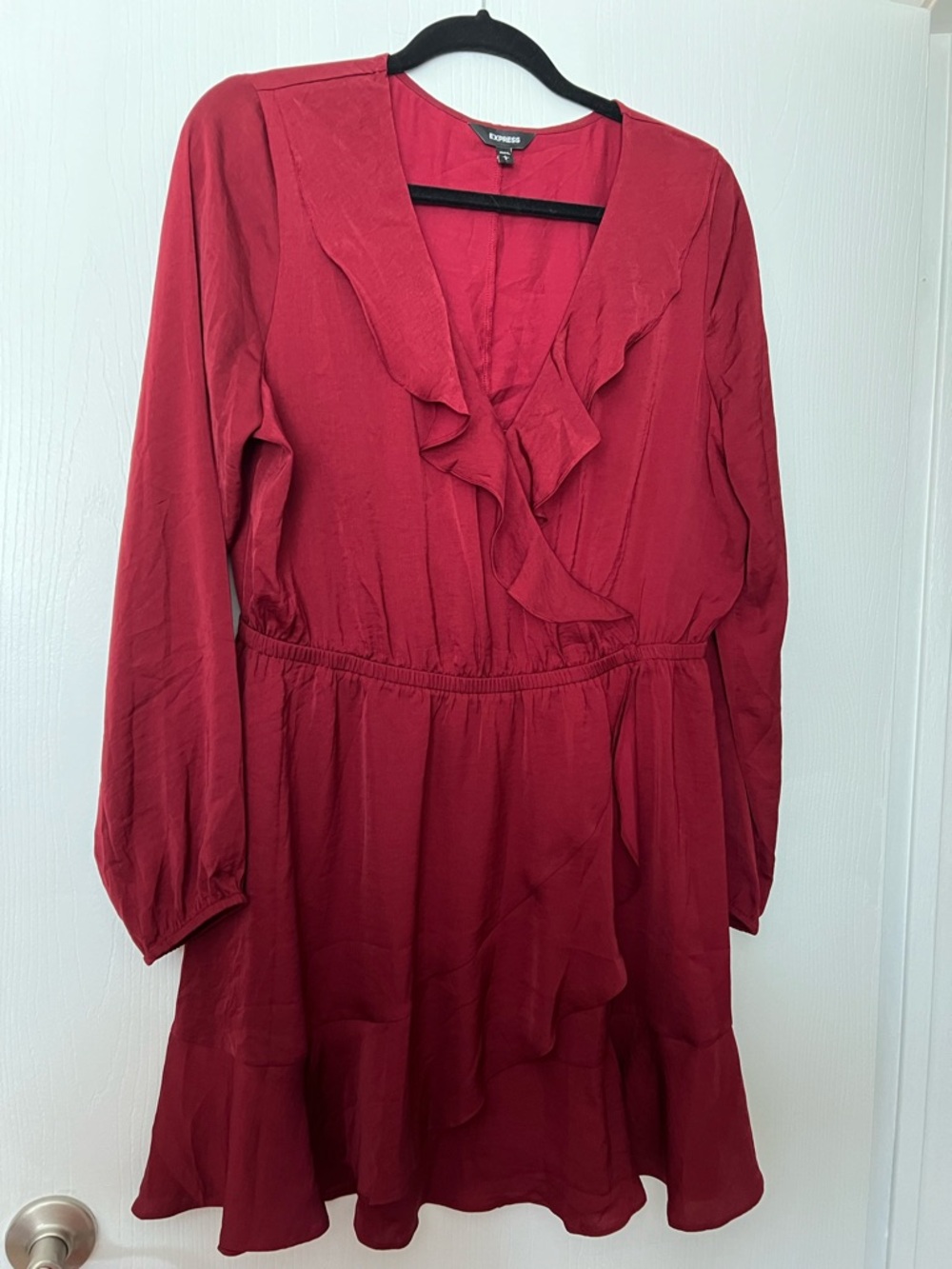 NWOT Express Burgundy Ruffle-Front Long Sleeve Dress